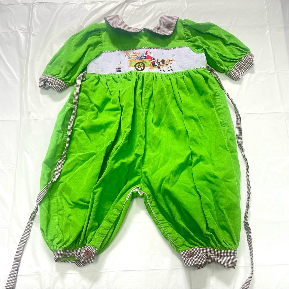 Beaux et Belles Girls Green Corduroy Holiday Jumper-  Size 2-  Smocked Santa